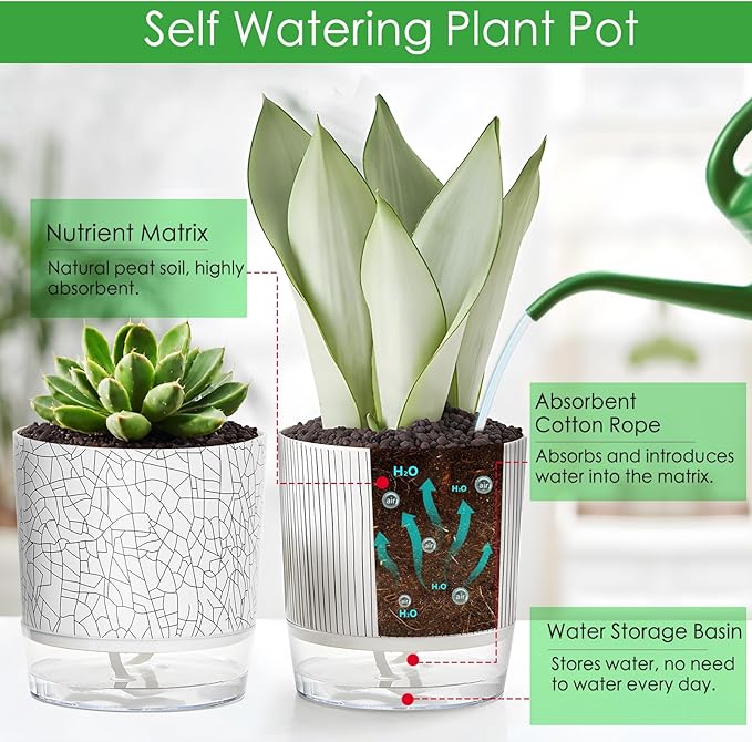 4 Pack Self Watering Pots for Indoor Plants, 4/5.5 Inch Lightweight Planters with Water Reservoir, Flower Pots for African Violet, Spider Plant, Orchid
