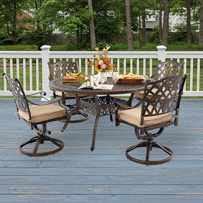 5-Piece Cast Aluminum Patio Furniture, Patio Dining Set for 4 Include 54" Round Outdoor Dining Table and 4 Swivel Chairs with Cushions & Umbrella Hole (Bronze)