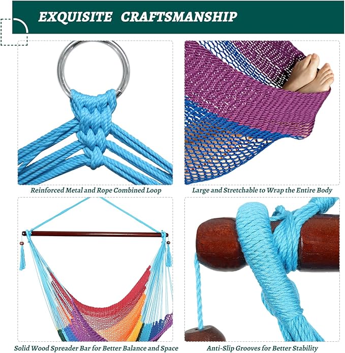 Caribbean Hammock Swing Chair with Spreader Bar, Large Hammock Chair, Hand Craft Rope Hanging Chair Outdoor, Indoor, Bedroom, 330 LBS Weight Capacity, Rainbow