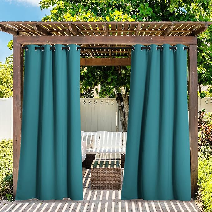 NICETOWN 2 Panels Peacock Teal Patio Outdoor Curtains 95 inch Length, Thermal Insulated Silver Stainless Steel Grommet Weighted Room Darkening Indoor Outdoor Drapes for Terrace, W52 x L95