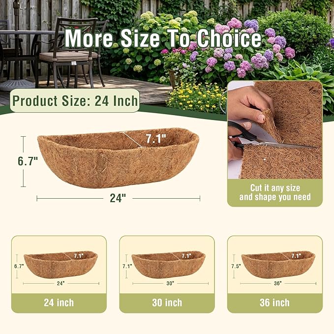 2 Pcs 24 Inch Trough Coco Liner for Window Box, 100% Natural Half Moon Coconut Coir Planter, Replaceable Coconut Fiber Liner for Window Boxes & Fence Flower Baskets (2, 24 inch)