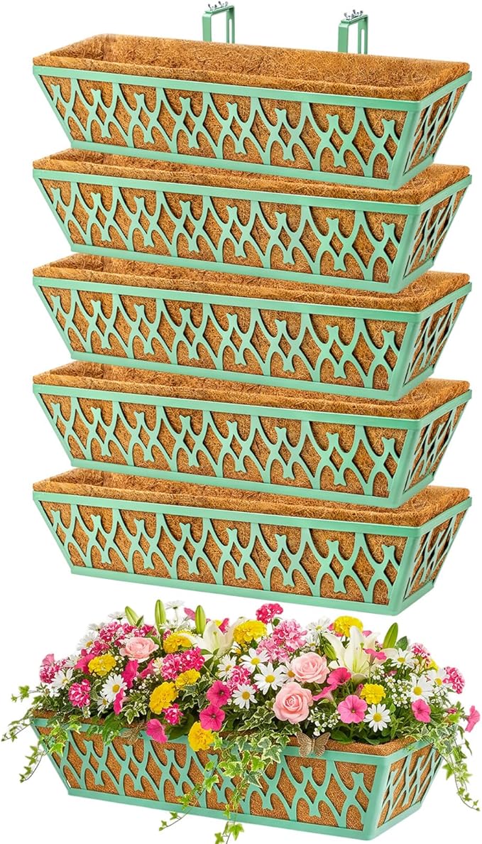 6 Pack 24 Inch Window Boxes Planters Railing Planter Box with Adjustable Brackets for Porch Fence Patio Balcony Hanging Flower Baskets with Coco Liners for Outdoor Garden Decor - Green