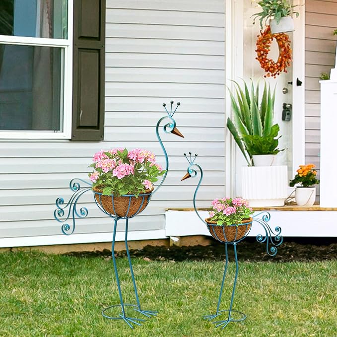 Metal Peacock Planter with Fiber Basket -Garden Bird Planters for Outdoor Indoor Lawn,Yard,Porch,Patio, Garden Decorations（Set of 2）
