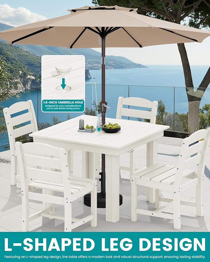 SERWALL Outdoor Dining Set for 4, HDPE Square Table and Chairs Set All Weather Patio Dining Set with 4 Armless Chairs for Patio, White