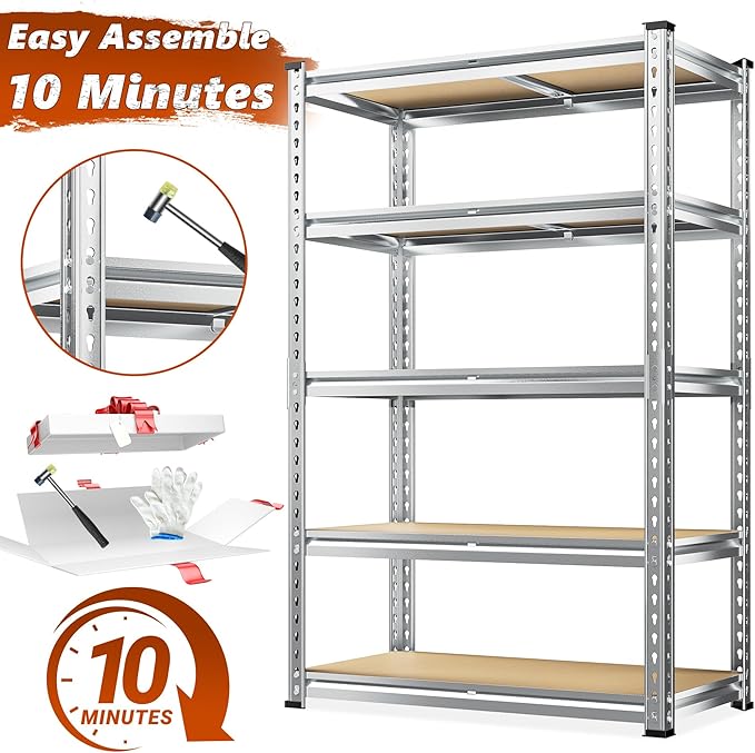 REIBII Garage Shelving, 5 Tier Storage Shelves Load 2400LBS, Adjustable Garage Shelves Heavy Duty, Metal Shelving Unit with Waterproof Columns for Warehouse, 35.5" W x 11.9" D x 72" H, Galvanized