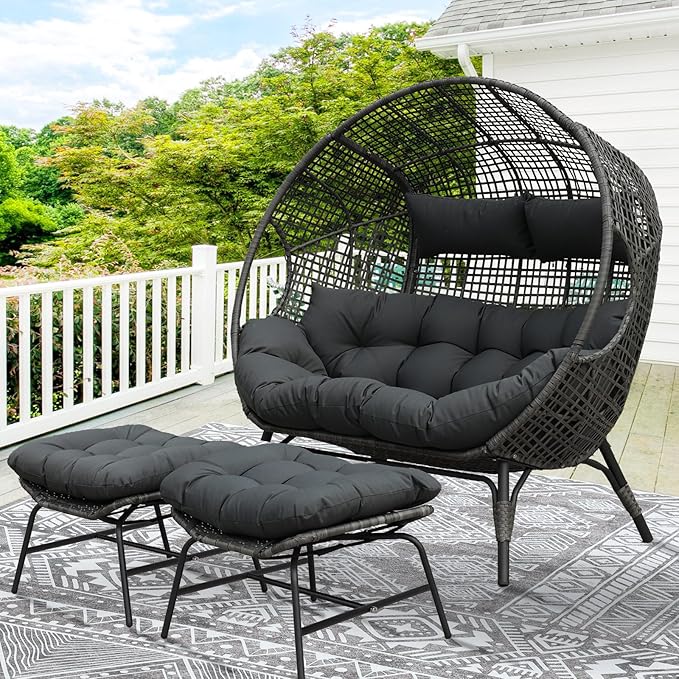 NICESOUL Luxury Double Egg Chair with Footrest & Cushions, Two Person Wicker Eggshell Chair Large with Ottoman, 2 Person Loveseat Comfort Deep Seating for Interiors Exteriors Balcony Dark Gray