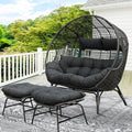 NICESOUL Luxury Double Egg Chair with Footrest & Cushions, Two Person Wicker Eggshell Chair Large with Ottoman, 2 Person Loveseat Comfort Deep Seating for Interiors Exteriors Balcony Dark Gray