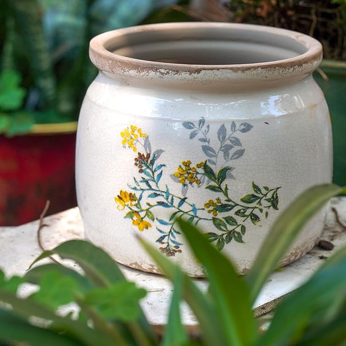 Vintage Ceramic Ice Crack Flower Pot with Drainage Holes, Country Rustic Planters for Indoor and Outdoor,Tuscan Decor,Home,Living Room, Garden Decor, Gardening Gift (English)