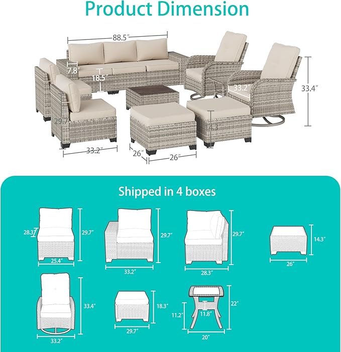 11-Piece Outdoor Patio Furniture Set with Rocking Swivel Chair Wicker Sectional Sofa Set, Patio Conversation Set with Ottomans & Coffee Table for Garden, Backyard, Poolside, White