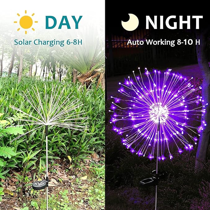 JJGoo Solar Firework Lights, 2 Pack 150 LEDs 2 Lighting Modes Solar Lights Outdoor Waterproof for Garden Patio Walkway Pathway Party Wedding Christmas Decorative - Purple