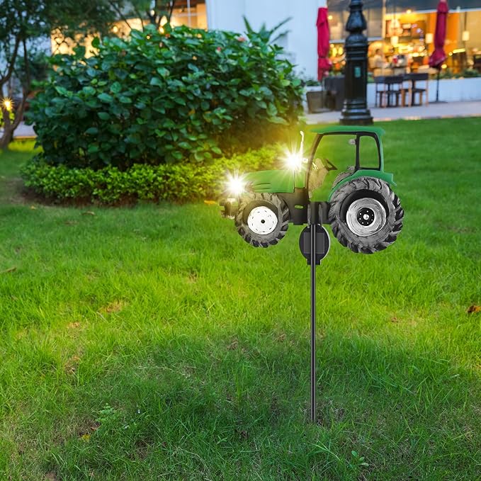 Solar Tractor Light Metal Yard Stake Solar Powered Light Up Metal Tractor Garden Stake Ornament for Walkway, Pathway, Lawn Decor