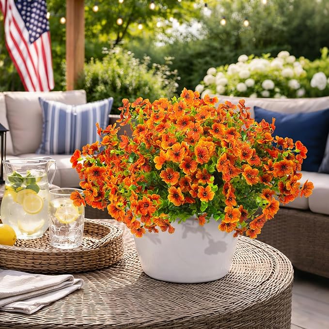 20 Bundles Artificial Flowers for Outdoors, UV Resistant Fake Plants Flowers Greenery Shrubs Plants for Decoration Outside Plants Hanging Planter Home Garden Decor (Orange)