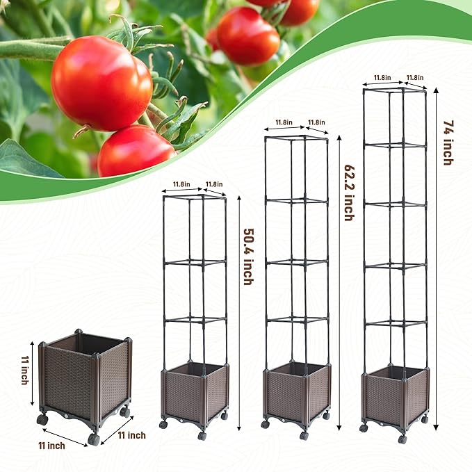 Raised Garden Bed Planter Box with Trellis, 62.2" Self-Watering Tomato Planters for Climbing Plants Vine Flowers Outdoor Patio, Tomatoes Cage with Trellis Wheels for Outdoor, 1Pack
