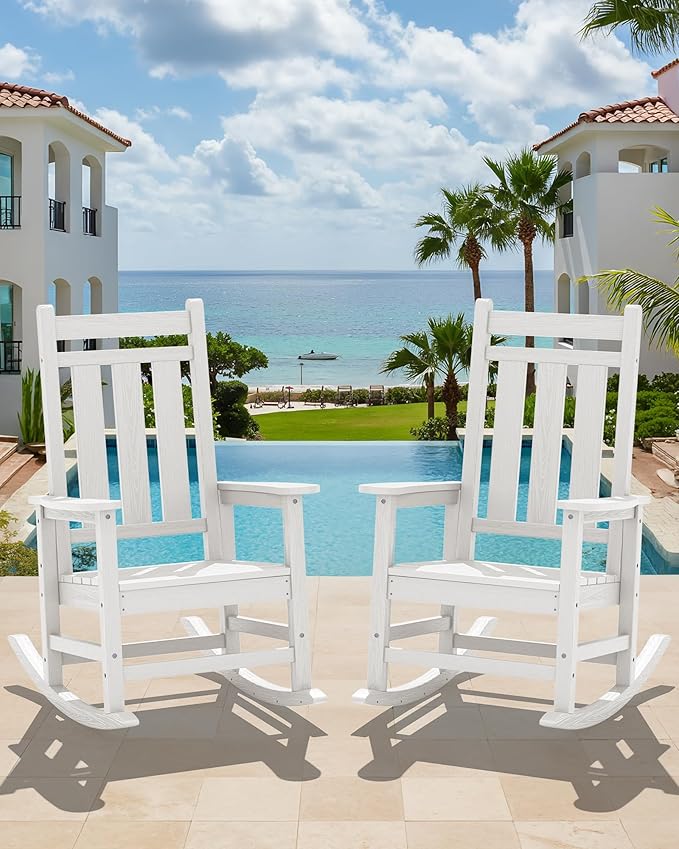 KINGYES Oversized Outdoor Rocking Chair Set of 2, All-Weather Patio Rocking Chairs for Porch, HDPE Outdoor Patio Rockers with High Back & Wide Seat for Garden, Lawn, White