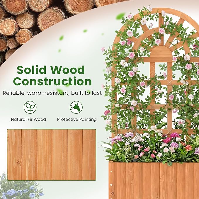 Giantex Wooden Raised Garden Bed with Arched Trellis Set 2, 48” Fir Wood Outdoor Elevated Planter Box Privacy Screen w/Drainage Hole, Vertical Garden Bed for Climbing Plants, Patio Balcony Backyard