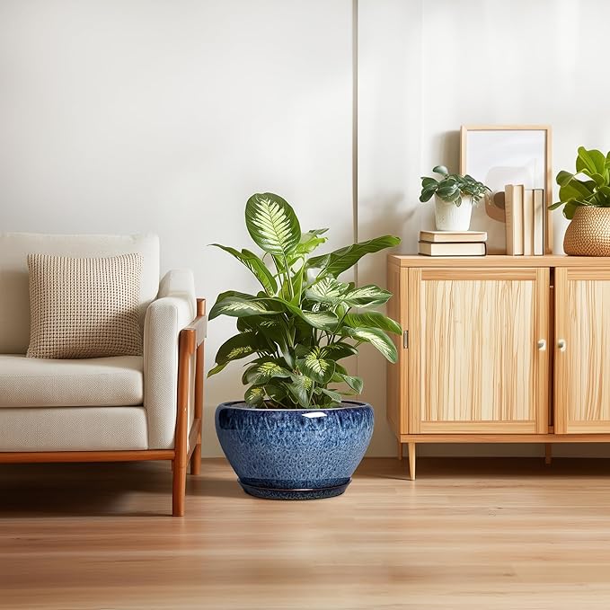 Ceramic Plant Pots 13 Inch - Indoor Planter with Drainage Hole and Saucer, Decorative Large Planter for Indoor Outdoor Plants, Ceramic Flower Pots, Gifts for Plant Lovers, House Decor, Blue