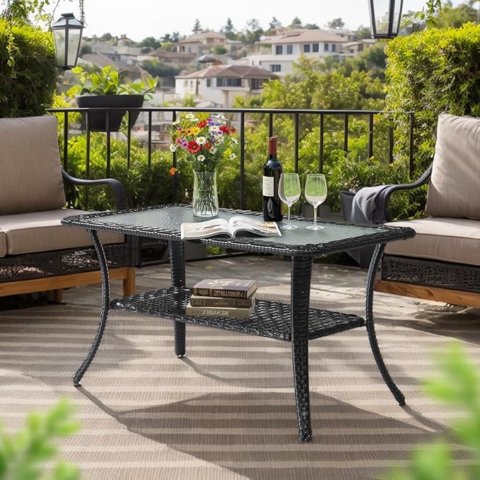 VINGLI Outdoor Coffee Table with Storage Wicker Patio Coffee Table, Tempered Glass Top Coffee Table for Patio Outside Balcony Porch Deck (Black)