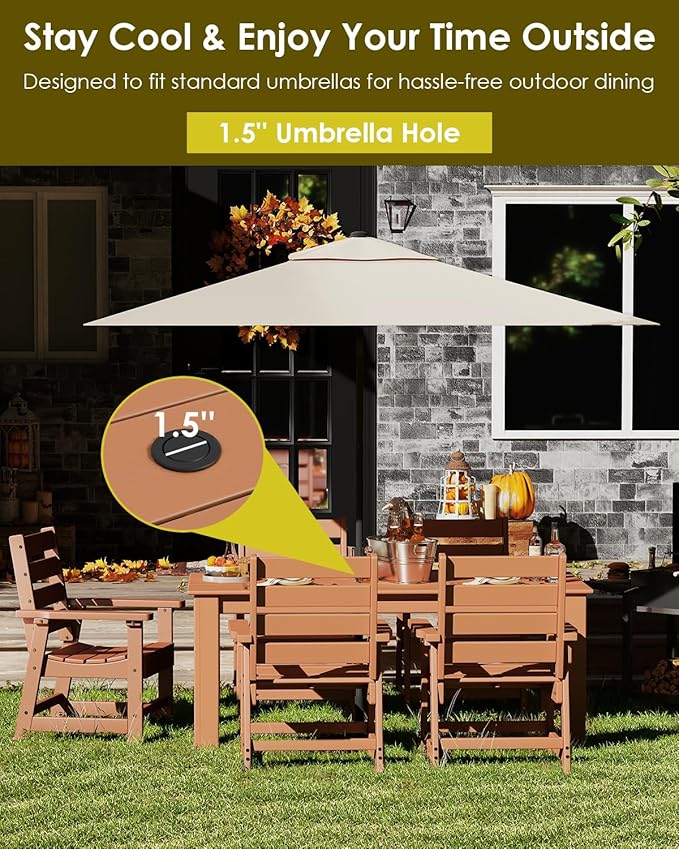 GREENVINES Outdoor Dining Table | 67’’ | HDPE | Rectangle Tables for 6 | All-Weather | Umbrella Hole | Patio Furniture | for Poolside Backyard Garden | Teak