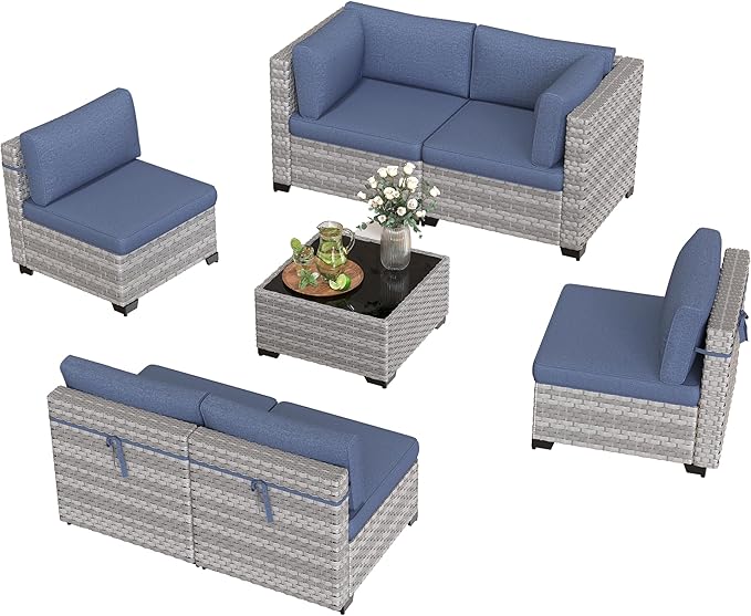 6-Seat Modular Patio Furniture Set – Outdoor Wicker Sectional Sofa with Thick 4″ Cushions, Dual-Strand PE Rattan, Rust-Resistant 18 mm Steel Frame, Backyard Garden Deck Lounge,Navy