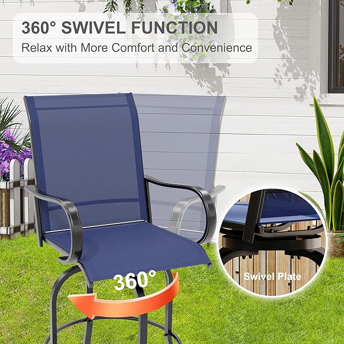 5 PCS Outdoor Bar Set with Outdoor Bistro Table and Chairs Set of 4, Bar Height Outdoor Dining Set, All Weather Mental Textilene High Swivel Bar Stools Chair Set of 4 and High Glass Bar Table