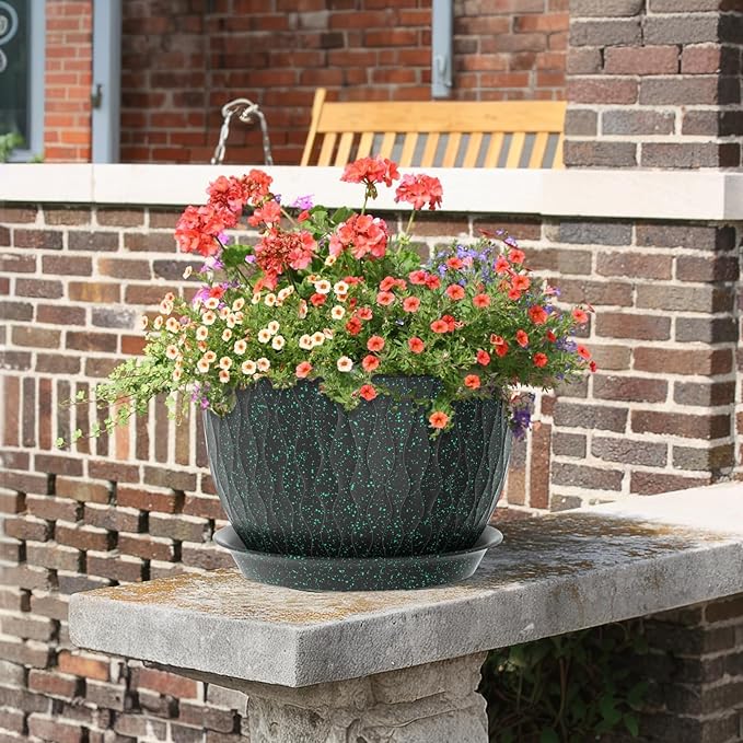 12/10/9 inch Large Plant Pots, 3 Pack Wide Flower Pots for Outdoor Indoor Plants, Water Ripples Plastic Planters with Drainage Holes and Saucers for Garden House, Black with Green Speckles