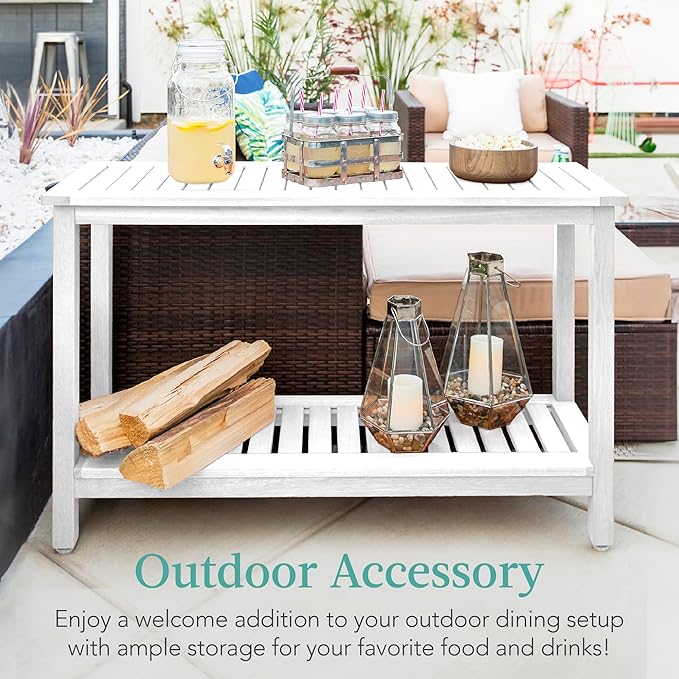 Best Choice Products 48in 2-Shelf Eucalyptus Wooden Console Table Indoor Outdoor Multifunctional Buffet Bar Storage Organizer w/Foot Sliders - White
