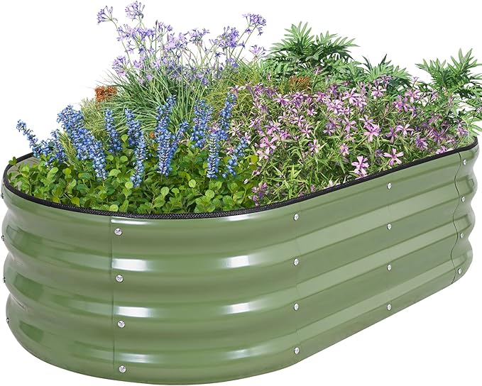 Galvanized Raised Garden Bed Outdoor, 4x2x1ft Oval Metal Raised Beds for Gardening, Rust-Resistant Garden Planter Box with Tools for Planting Vegetables, Flowers, Fruits in Lawn (Olive Green)