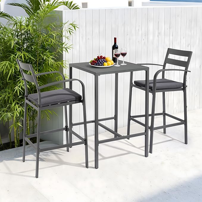 VINGLI 3-Piece Outdoor Bar Set, Aluminum Bar Height Table & 2 Chairs with Cushions, Outdoor Bistro Set for Patio, Backyard, Poolside, Garden(Gray)