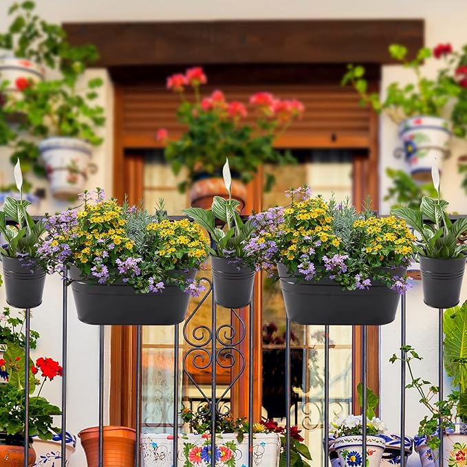 HowRU Metal Iron Flower Pots for Railing Fence Hanging Bucket Pots(5 Pcs) and Hanging Flower Pots Metal Iron Bucket Planter(10 Pcs) (Black)
