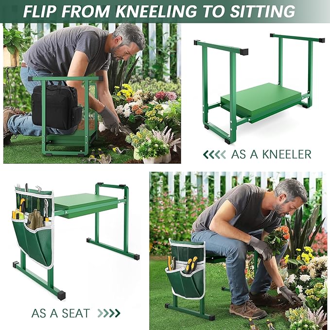 FLINTER Garden Kneelers Seat, Stable and Save Tip-Resistant Design 10.2" Wider Garden Kneeler and Seat with Handle, Heavy Duty Gardening Stool for Seniors, Gardening Weeding Bench for Parents - Green