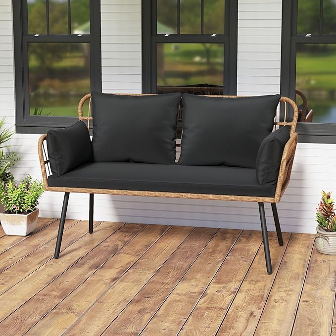 Tangkula Patio Wicker Loveseat, Outdoor Rattan 2-Seat Cushioned Sofa with Heavy Duty Metal Frame, for Backyard,Porch,Poolside (Black)