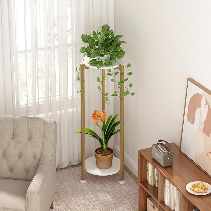 Plant Stand Indoor Corner Tall 2 Tier Metal Modern Flower Storage Plant Shelf Holder for Living Room Balcony Garden,Gold (2 Tier-Gold Round)