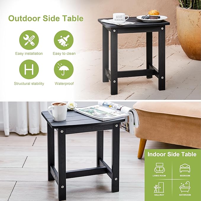 Y&M Outdoor Side Table, HIPS Adirondack Small Single Table, Waterproof Square Outside Table, Balcony Modern End Tables for Patio, Pool, Beach, Porch, Deck, Indoor or Outdoor Use, Black