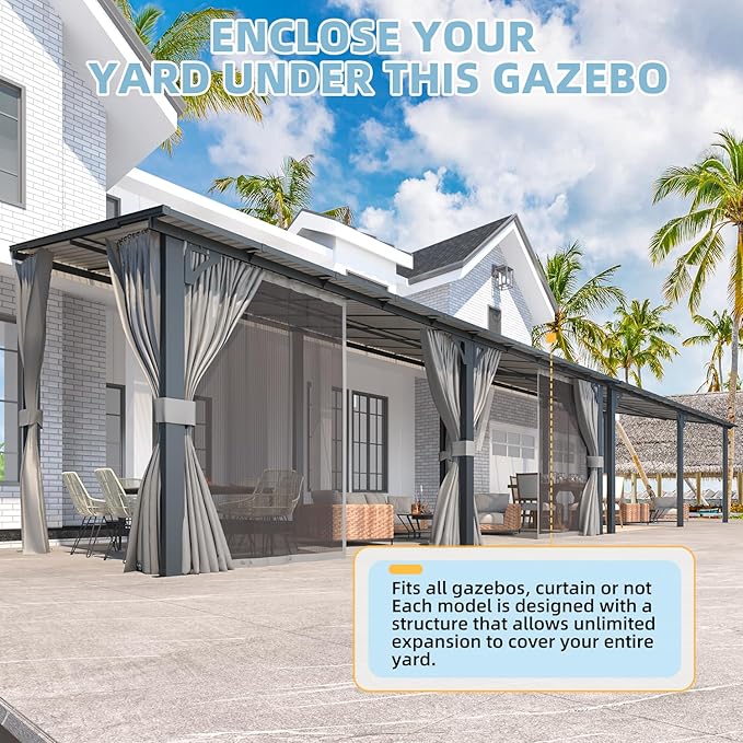AECOJOY 20' x 10' Outdoo Gazebo for Patio with Curtains and Netting, Large Wall-Mounted Pergolas and Gazebos Clearance Hardtop 10x20 Lean to Metal Gazebo with Patio Roof, Heavy Duty Awnings for Patio