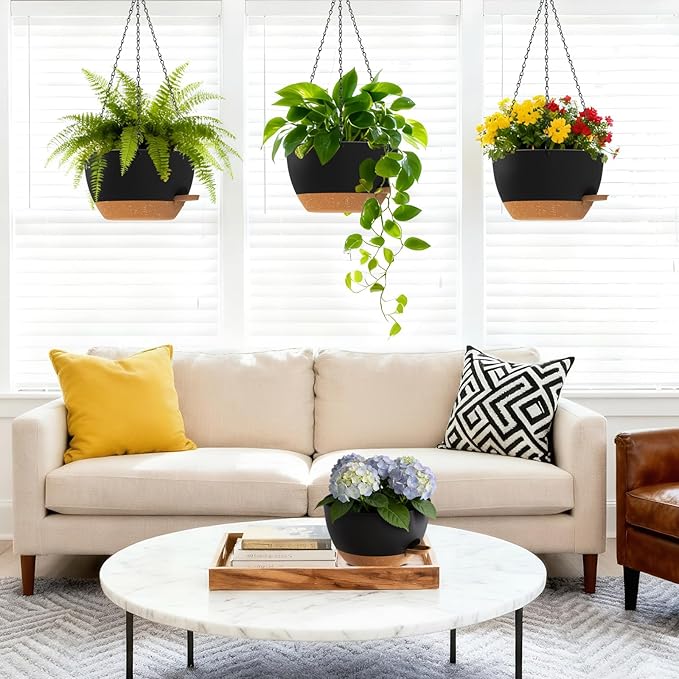 Set of 3-10 Inch Self Watering Hanging Planters for Indoor Outdoor，Hanging Plant Pots with Drainage & Removable Tray, Hanging Pots Holder for Ivy, Pothos, Ferns, Balcony & Patio, Black with Brown