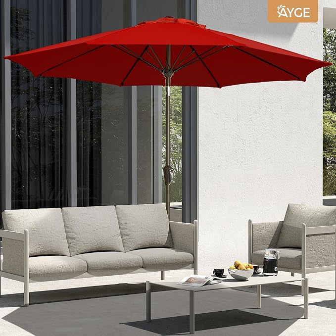 Ayge 9FT Large Outdoor Patio Umbrella Market Table Umbrella-UV Resistant, Easy Push Button Tilt and Crank, 8 Sturdy Fiberglass Ribs Heavy-Duty Pool Umbrella for Deck, Backyard,Garden,Red