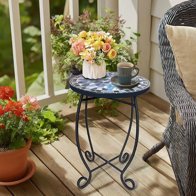 LIFFY Outdoor Side Table,12" Round Ceramic Tile Tabletop Accent Table with Metal Frame, Indoor Small Decorative Plant Stand & End Table for Home, Patio, Garden