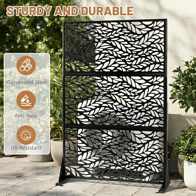 VINGLI Privacy Fence Panels, 72H’’ x 47W’’ Metal Privacy Screen Freestanding, Decorative Privacy Panels for Patio Garden Pool, Outdoor & Indoor (Leaf)
