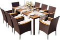 Greesum 9 Pieces Outdoor Patio Dining Set, Conversation Sets with 1 Table and 8 Rattan Chairs with Curved Acacia Wooden Armrests and Cushions, Brown