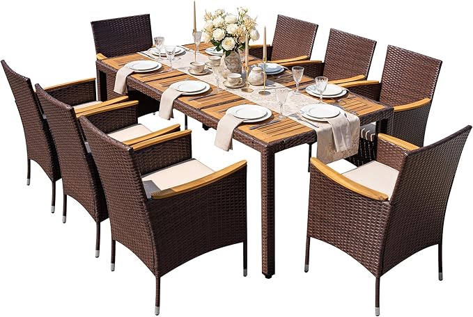 Greesum 9 Pieces Outdoor Patio Dining Set, Conversation Sets with 1 Table and 8 Rattan Chairs with Curved Acacia Wooden Armrests and Cushions, Brown