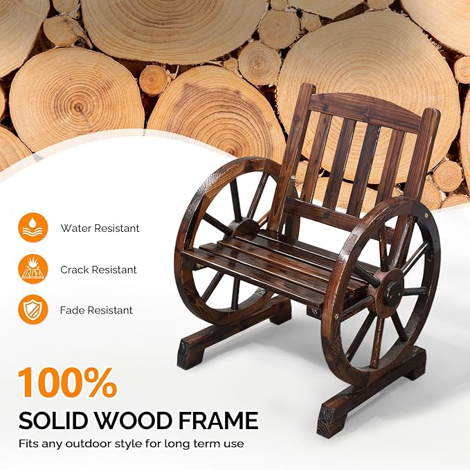 VINGLI Rustic Wooden Patio Chair with Wagon Wheel Armrests, Outdoor Dining Chairs Solid Wood Frame Seating for Farmhouse Garden Porch Lawn Balcony (Rustic, Chair)