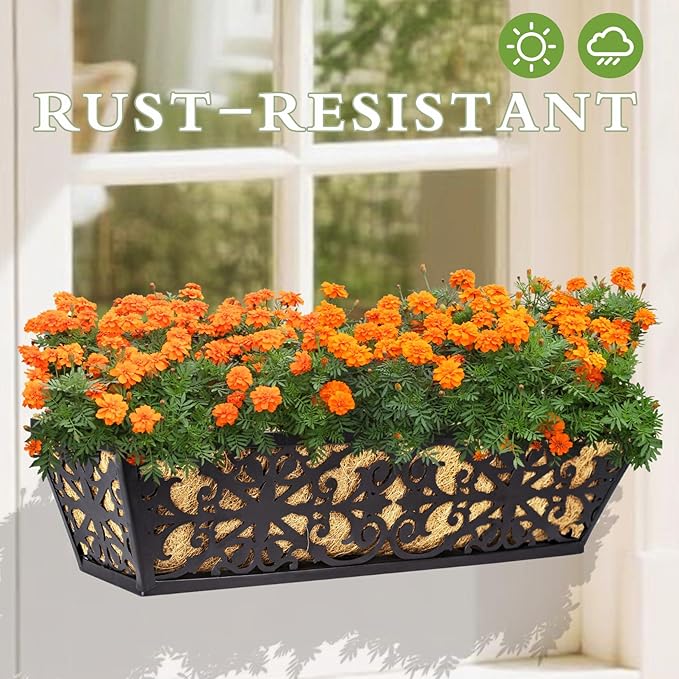4 Pack 24 Inch Window Boxes Planters Railing Planter Box with Adjustable Brackets & Coco Liners Fabric Plant Grow Bags Deck Railing Planter Boxes Balcony Hanging Flower Box for Outdoor Plants