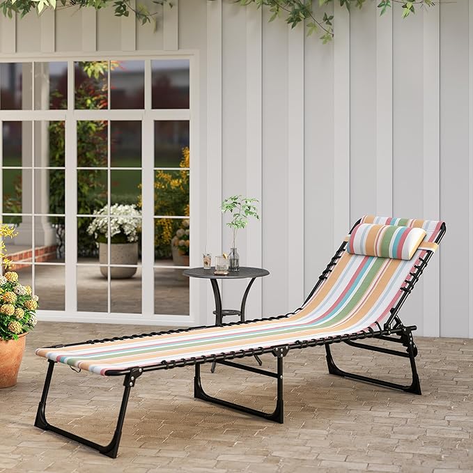 Outsunny Folding Chaise Lounge Chair, Patio Sun Tanning Chair, Outdoor Chaise Lounger with 4-Position Reclining Back, Breathable Mesh Seat for Beach, Poolside, Yard, Rainbow Striped