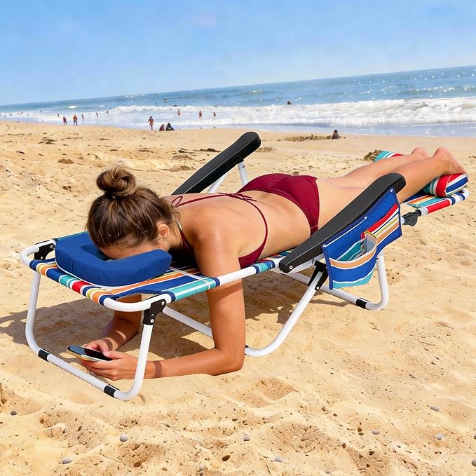 ABORON Tanning Chair with Face Hole, 5-Position Adjustable Reclining Beach Lounge Chair, Folding Face Down Sun Lounger for Beach, Poolside, Patio, Lawn, Home(Multicolor Stripes)