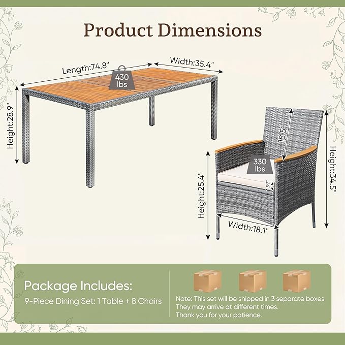 Greesum 9 Pieces Outdoor Patio Dining Set, Conversation Sets with 1 Table and 8 Rattan Chairs with Curved Acacia Wooden Armrests and Cushions, Grey