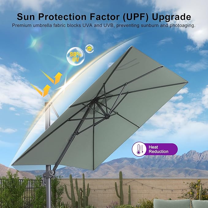 PURPLE LEAF Patio Umbrella 8' X 8' Rectangle Cantilever Umbrella Large Aluminum Outdoor Umbrellas with 360-degree Rotation & UPF40+ Premium Fabric for Deck Pool Garden Yard, Mint Green