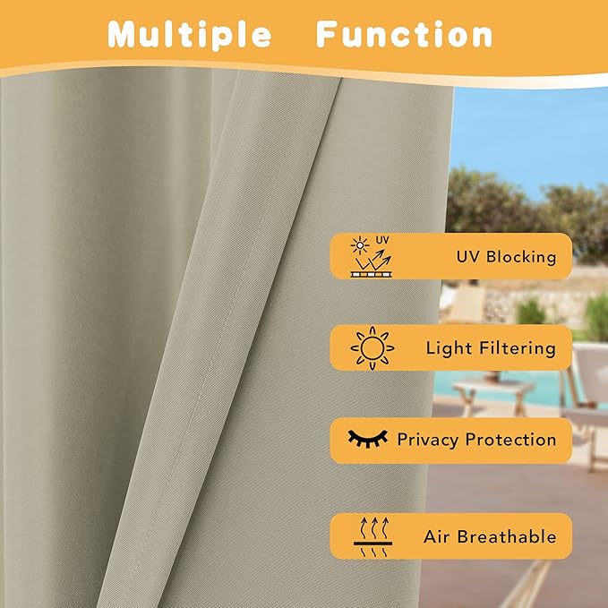 HolidayIdeas Outdoor Curtains for Patio Waterproof, 4 Panels - 54 x 95 Inch - Privacy Protection & Light Filtering Curtains Taupe Grommet Outside Curtains for Porch, Gazebo, Pergola, Backyard