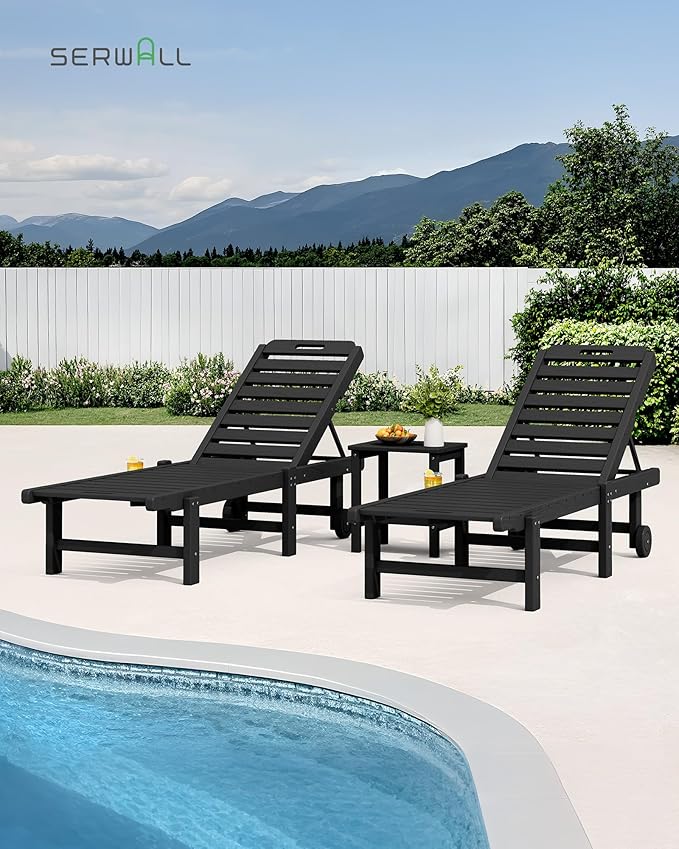 SERWALL Outdoor Chaise Lounge Set of 8, HDPE Pool Lounge Chairs with 5-Position Adjustable Backrest, Patio Loungers with Rolling Wheels & Cup Holder for Pool Sunbathing, Black