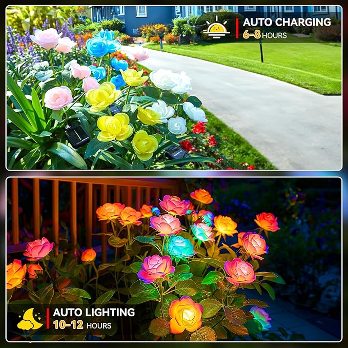 WdtPro Solar Lights Outdoor, 8 Pack Solar Garden Light with 40 Rose Flowers, 7 Color Changing Solar Powered Flowers Lights Waterproof for Outside Patio Yard Pathway Decor