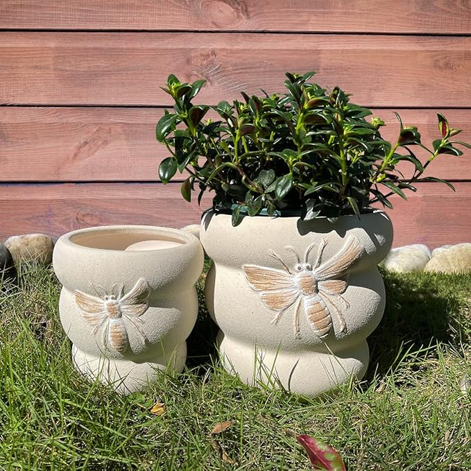 Terracotta Pots with Drainage Holes Bee Decor, Ceramic Pots for Indoor Plants Flower Pots Outdoor, Succulent, Herbs, Snake Plants (Beige, 8+6 Inch)